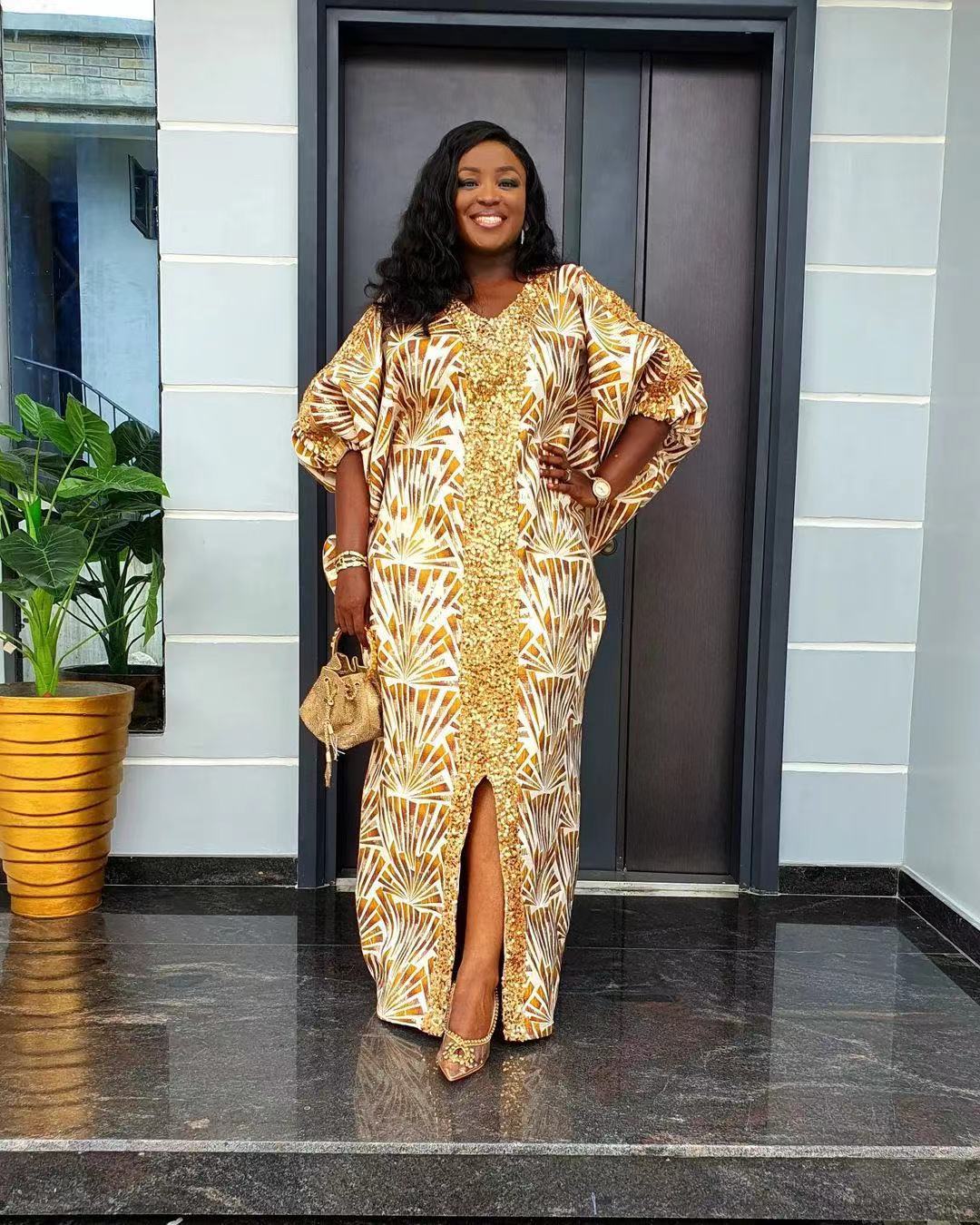 Muslim Patchwork Printed Robe African Loose Printed Sequined V-Neck Dress 9