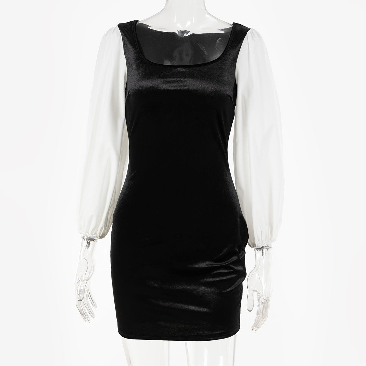 Women Sexy Square Neck Velvet Patchwork Contrast Color Lantern Sleeve Bodycon Dress 6