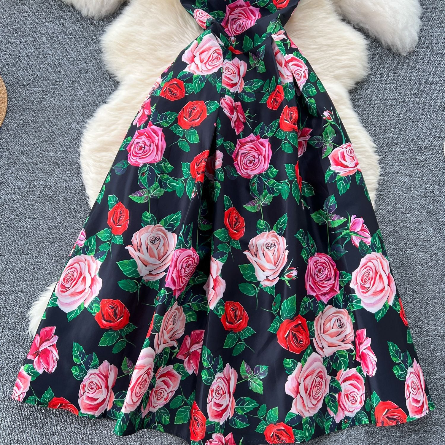 Fashion Printed Round Neck Slim Waist Pleated Flare Sleeveless Mini Dress 37