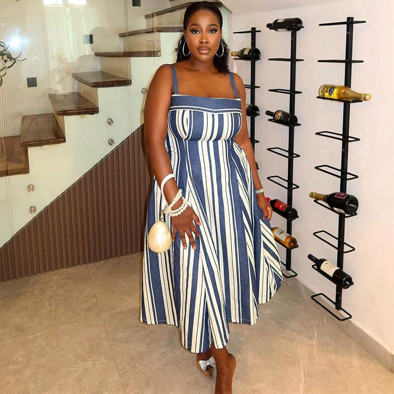 Women's Autumn Fashion Elegant Strap Striped Flared Dress 5