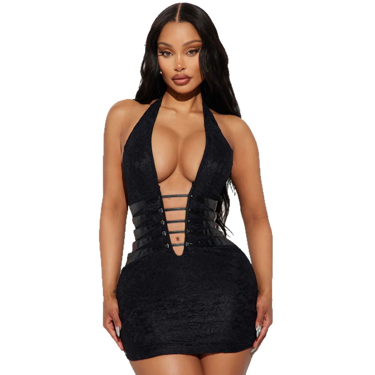 Women Sexy V Neck Hollow Backless Halter Neck Bodycon Dress 6