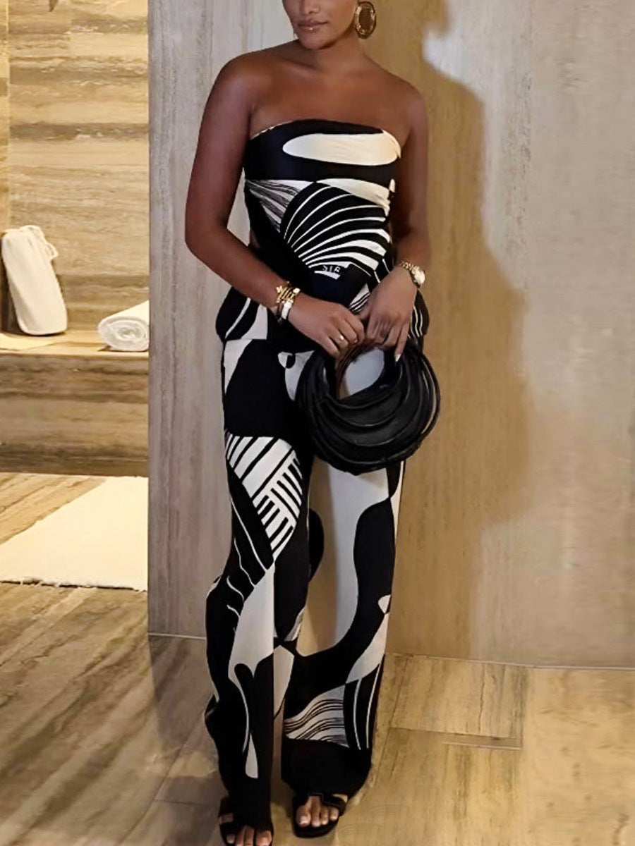 Sexy Strapless Low Back Top + Fashion Print Straight-Leg Pants Two-Piece Set 3