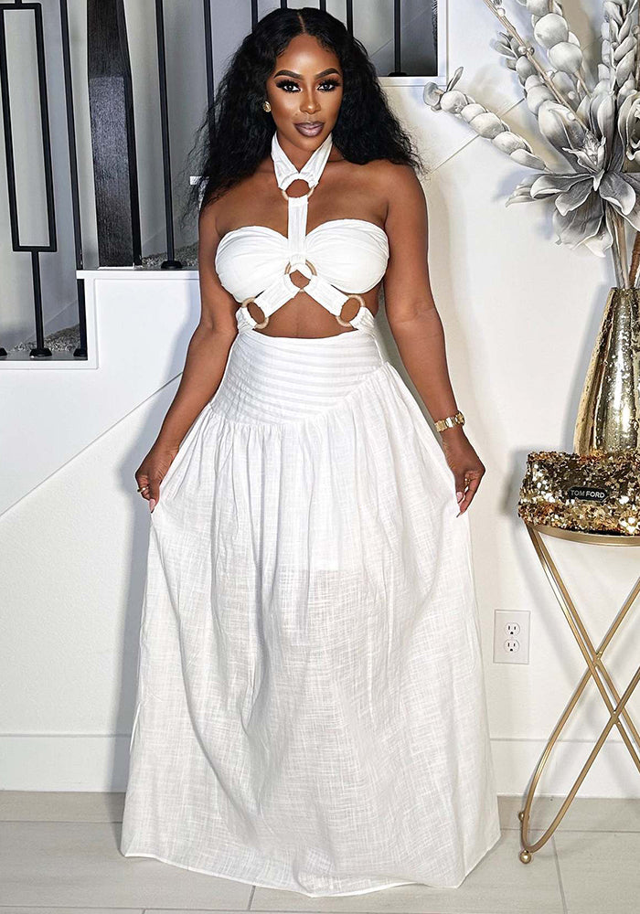 Fashion Women's Strap Halter Neck Padded Strapless Top Maxi Skirt Two-Piece Set