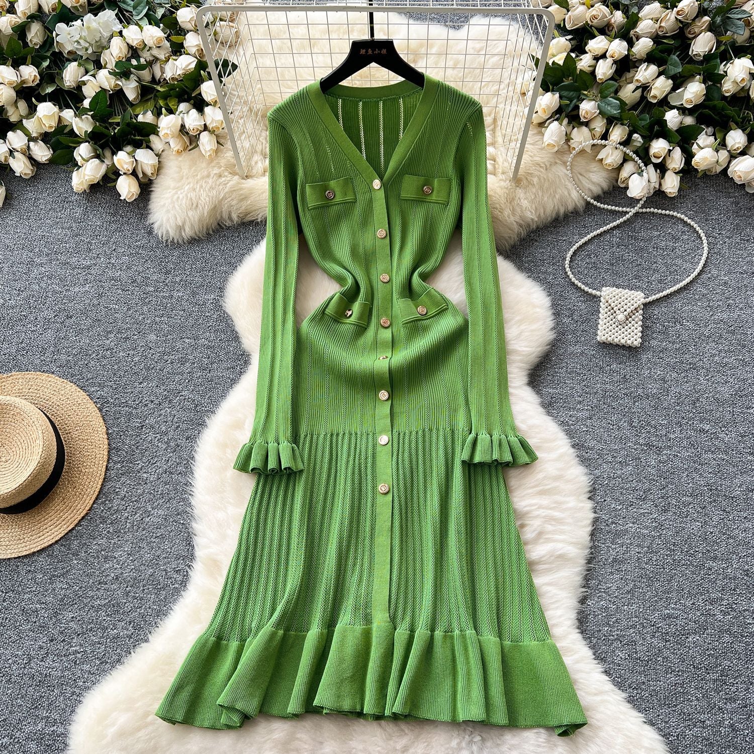 Women Fall/Winter Long-Sleeved V-Neck Ruffled Knitting Dress 11