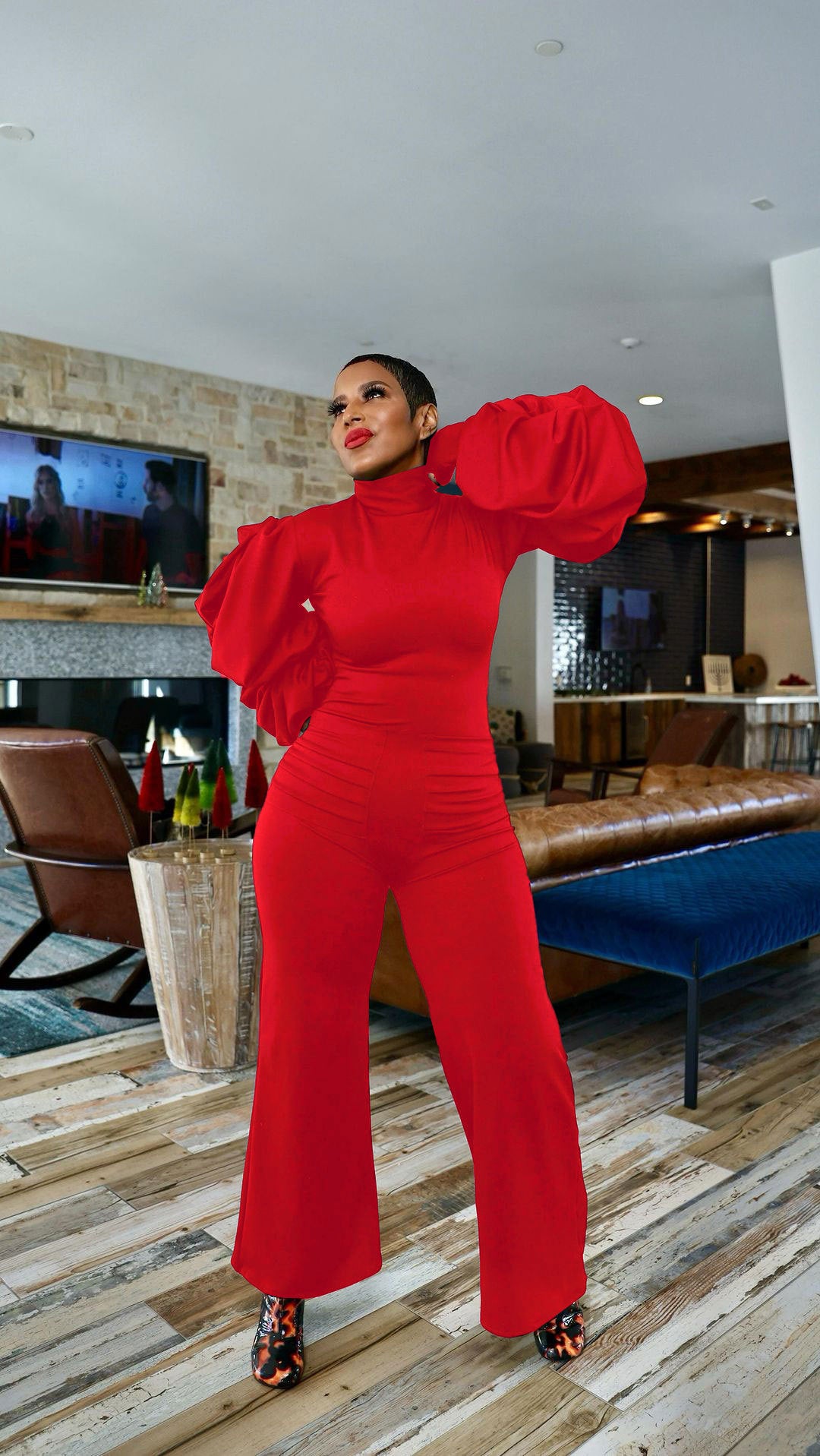 Sexy Pleated Balloon Sleeves Slim Waist Wide-Leg Jumpsuit 6