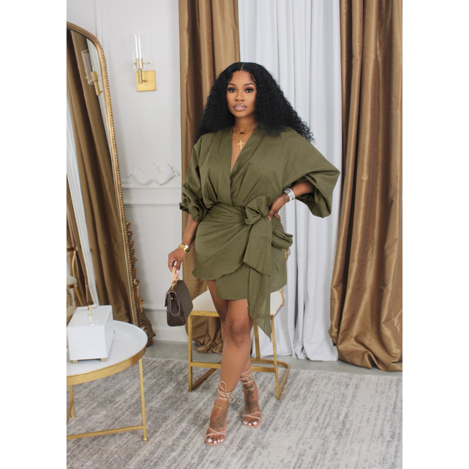 Women V-neck Lace-Up Long Sleeve Dress 4