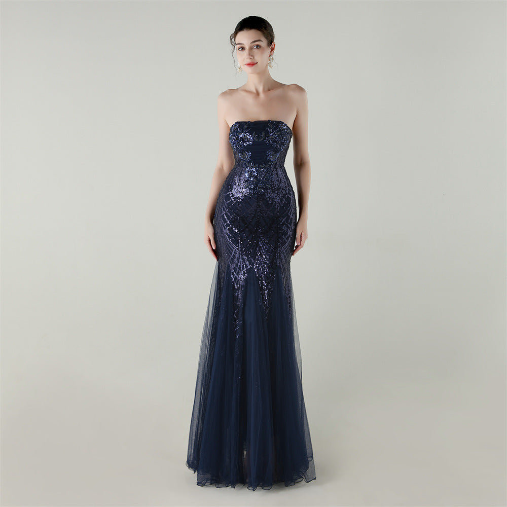 Women Strapless cross Lace-Up sequined tube flower sequined mesh evening dress Formal Party evening dress 3