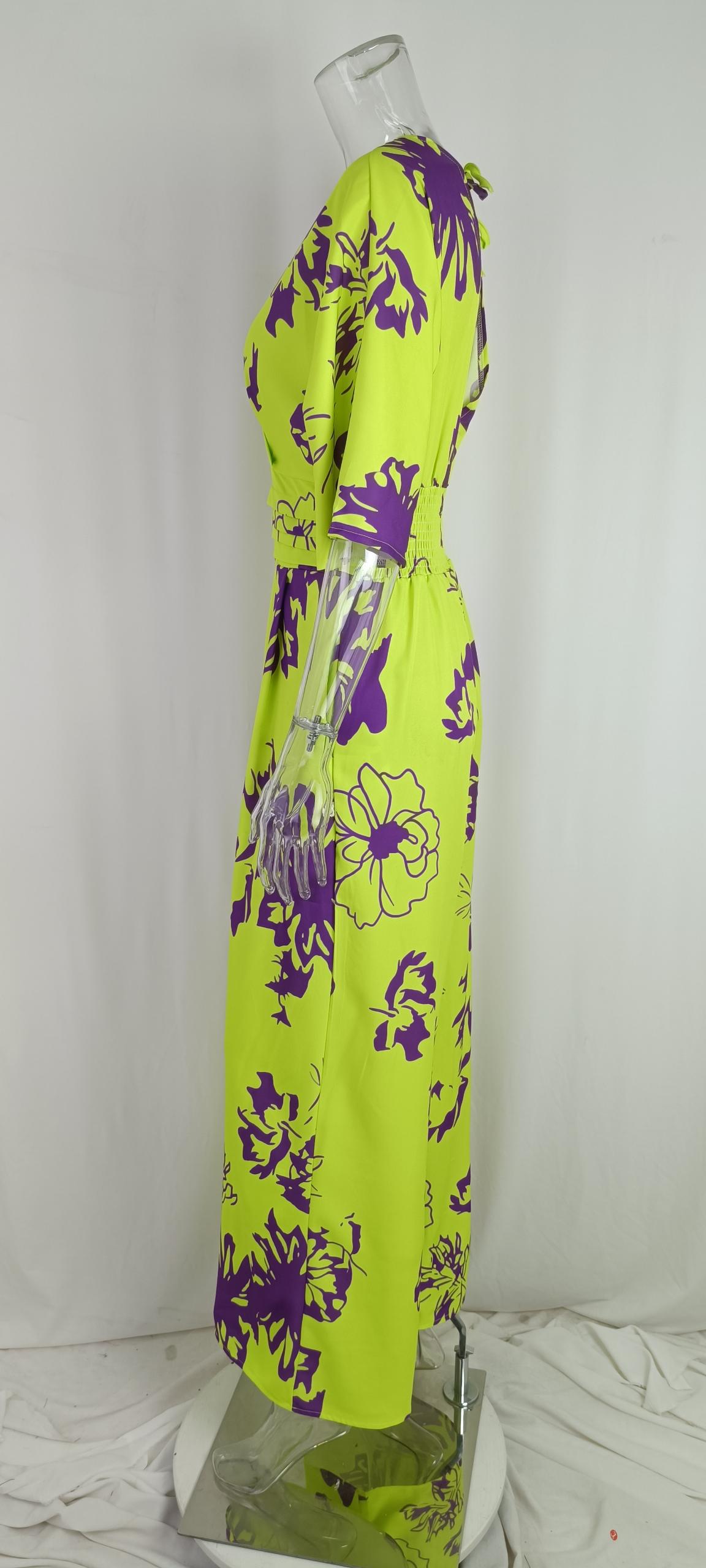 Summer Women's Fashionable And Elegant Print Bat Sleeves Slim Waist V-Neck Jumpsuit 13