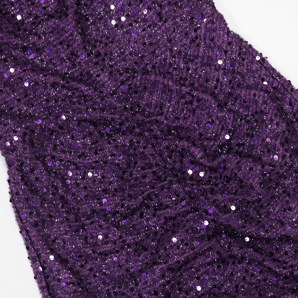 Women Solid Color Sequin Feather Patchwork Long Sexy Dress 9