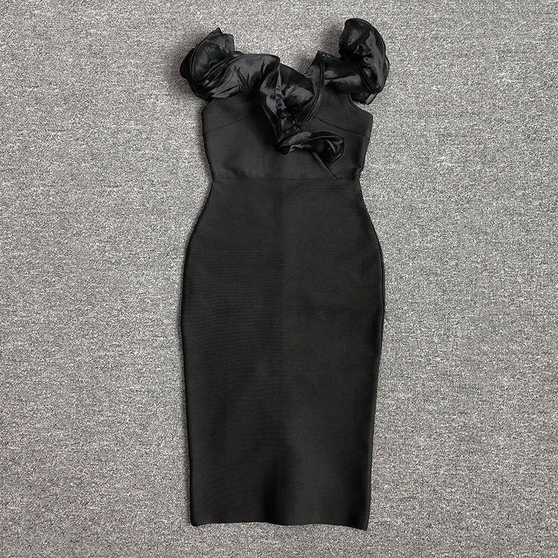 Ruffle Bandage Dress Fashionable And Elegant Off Shoulder Strapless Black Formal Party Dress 12