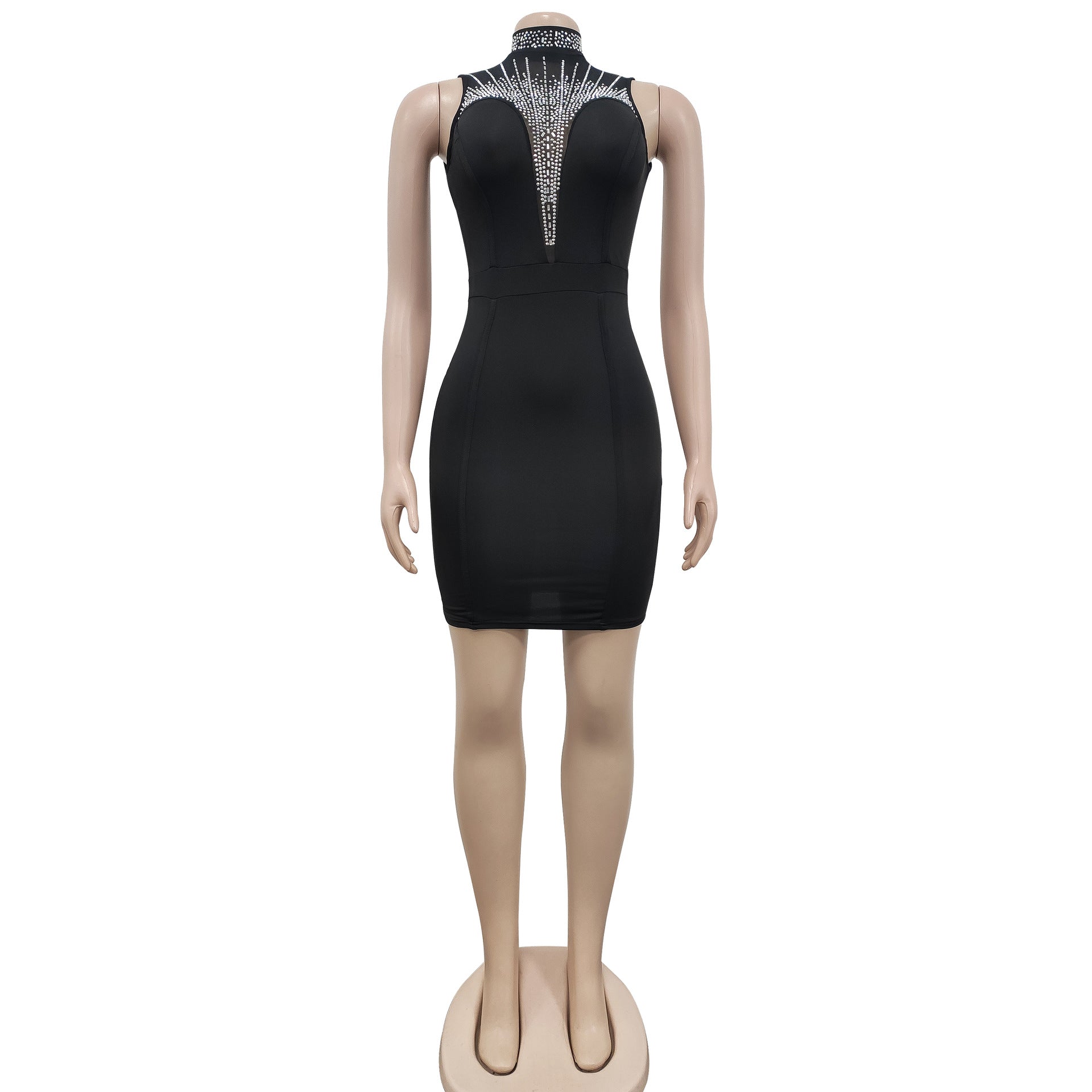 Women'S Fashion Solid Beaded Mesh See-Through Sleeveless Backless Club Bodycon Dress 25