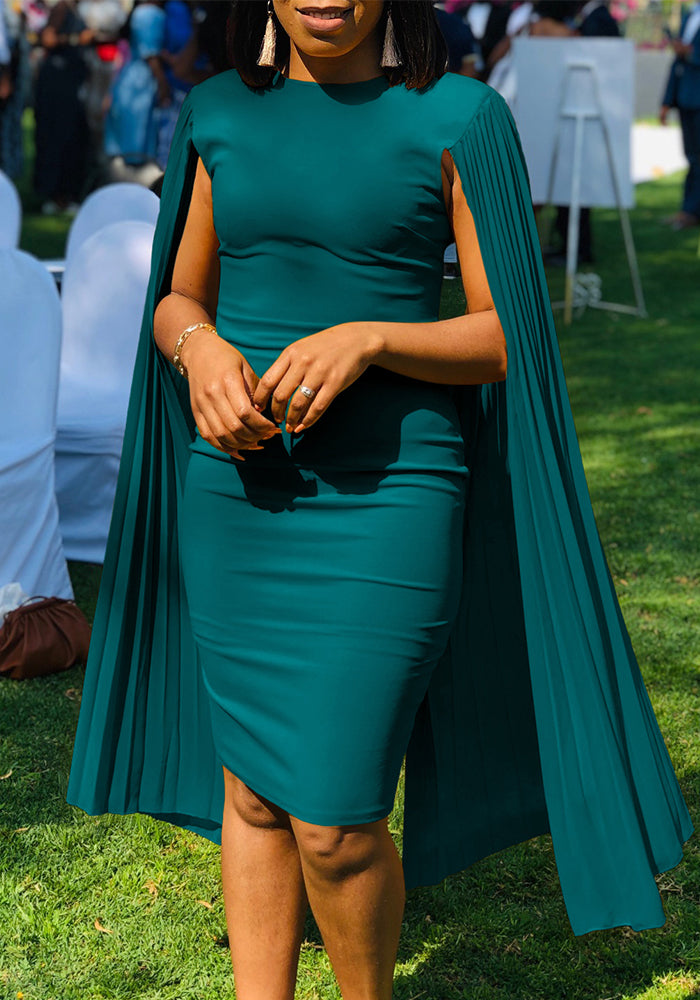 Women's Fashion Solid Color Round Neck Pleated Shawl Sleeve Formal Party Evening Dress 12