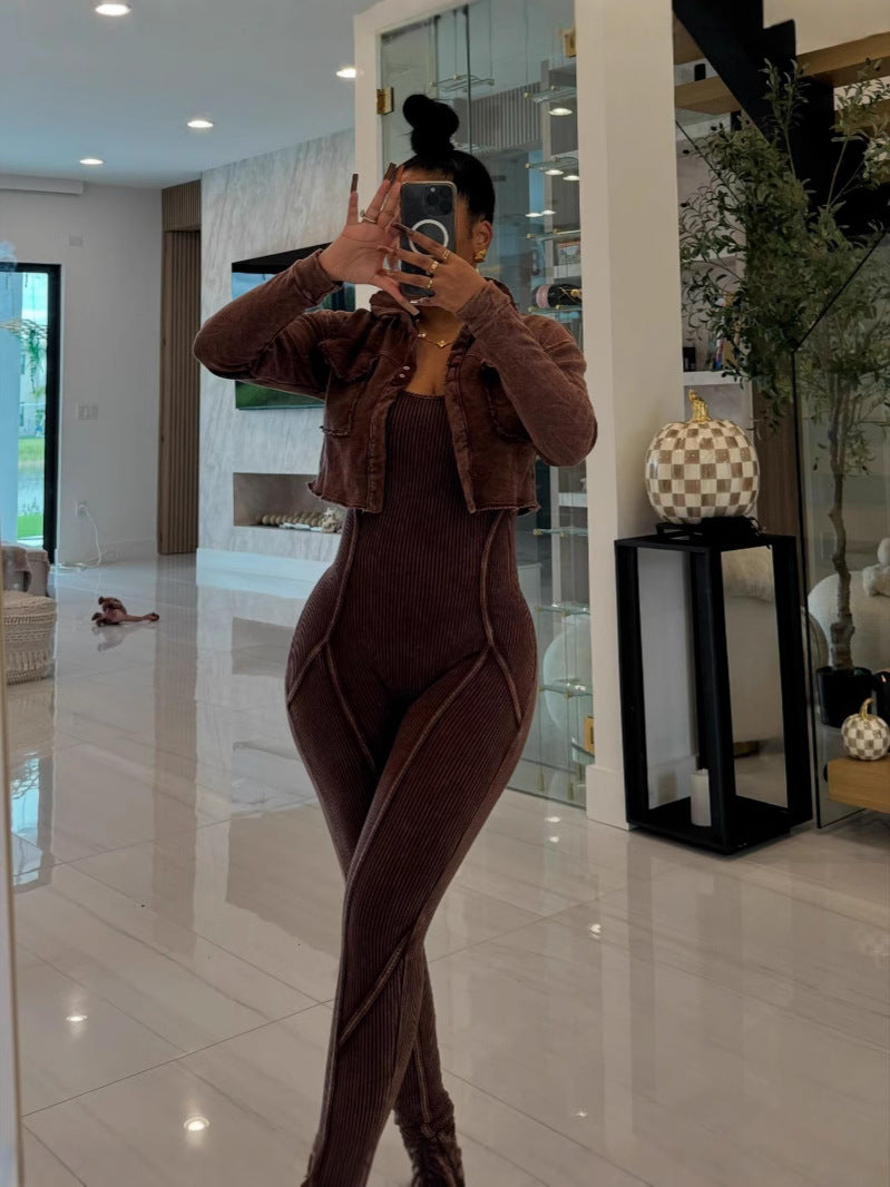 Fashion Women's Solid Color Tight Slim Jumpsuit Coat Casual Two-Piece Set 9