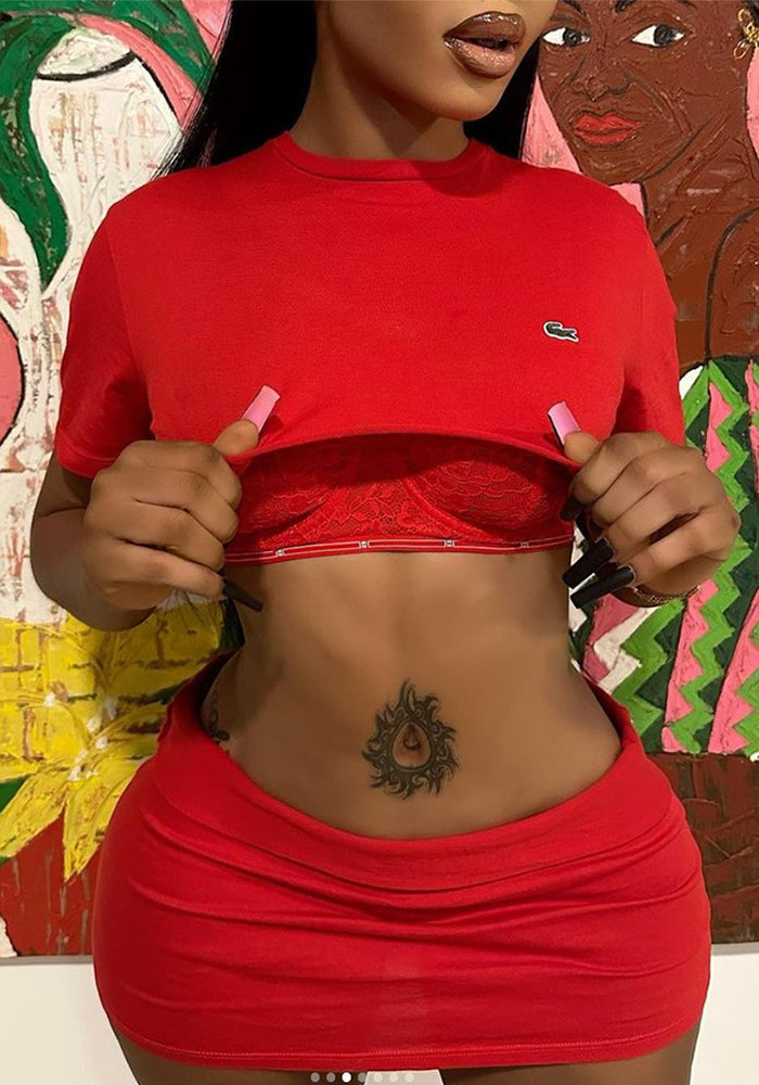 Fashion Sexy Printed T-Shirt Skirt Two Piece Set