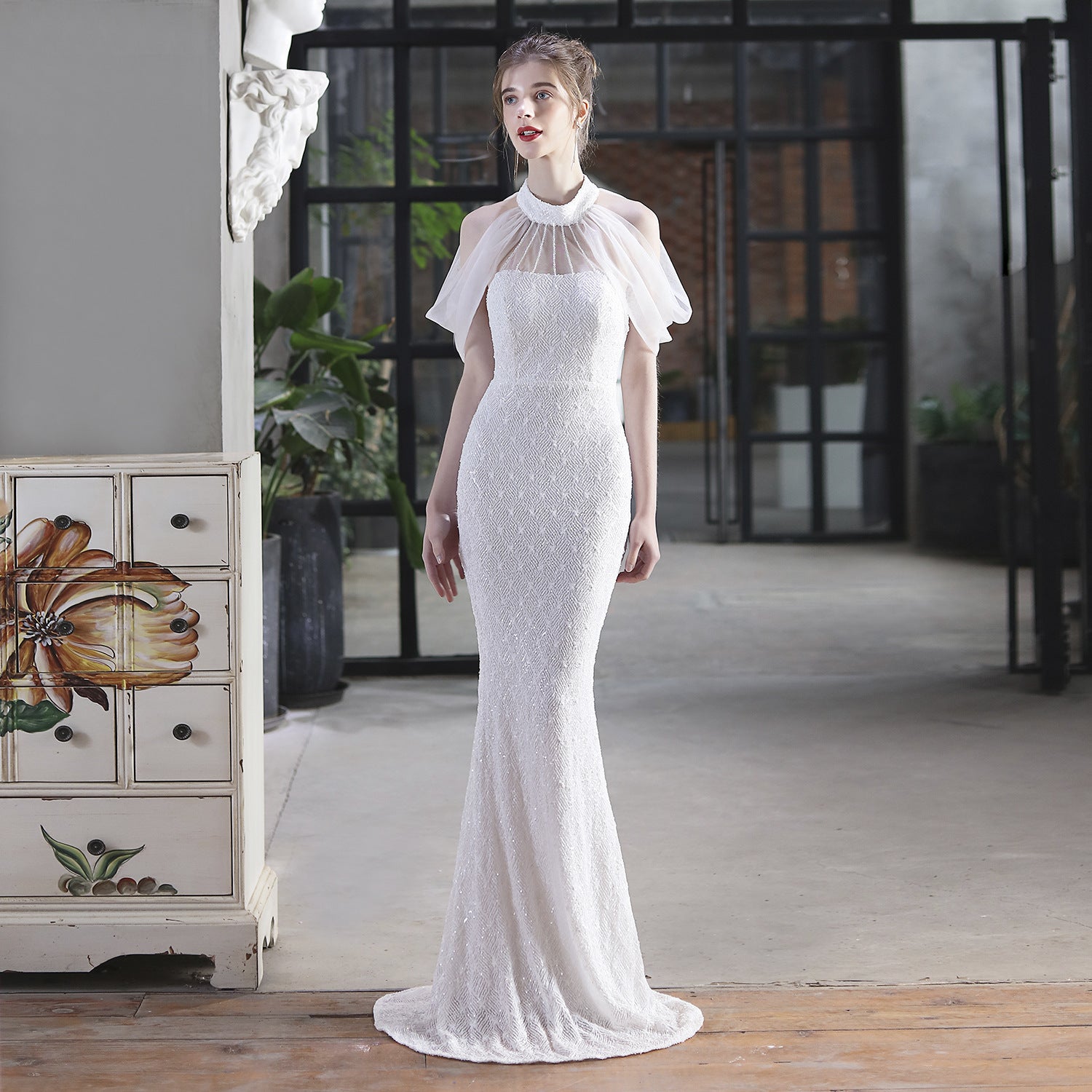 Sequin Mesh Halter-Neck Fishtail Bride Long Wedding Dress