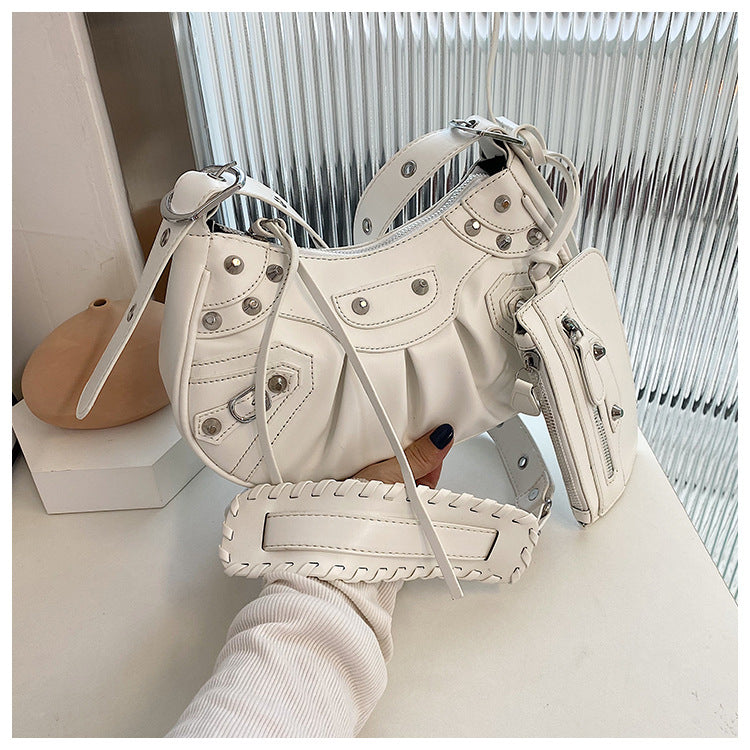 Diagonal pleated single shoulder women's retro rivet bag 55