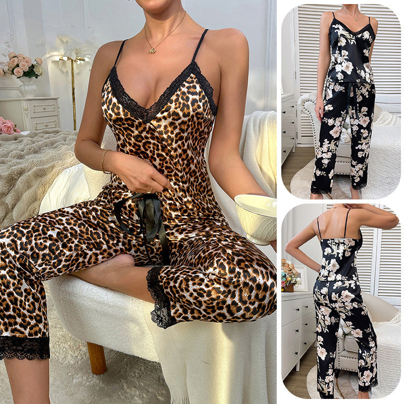 Sexy Leopard Printed Pajama Set Lace Satin Camisole Trousers Homewear 7