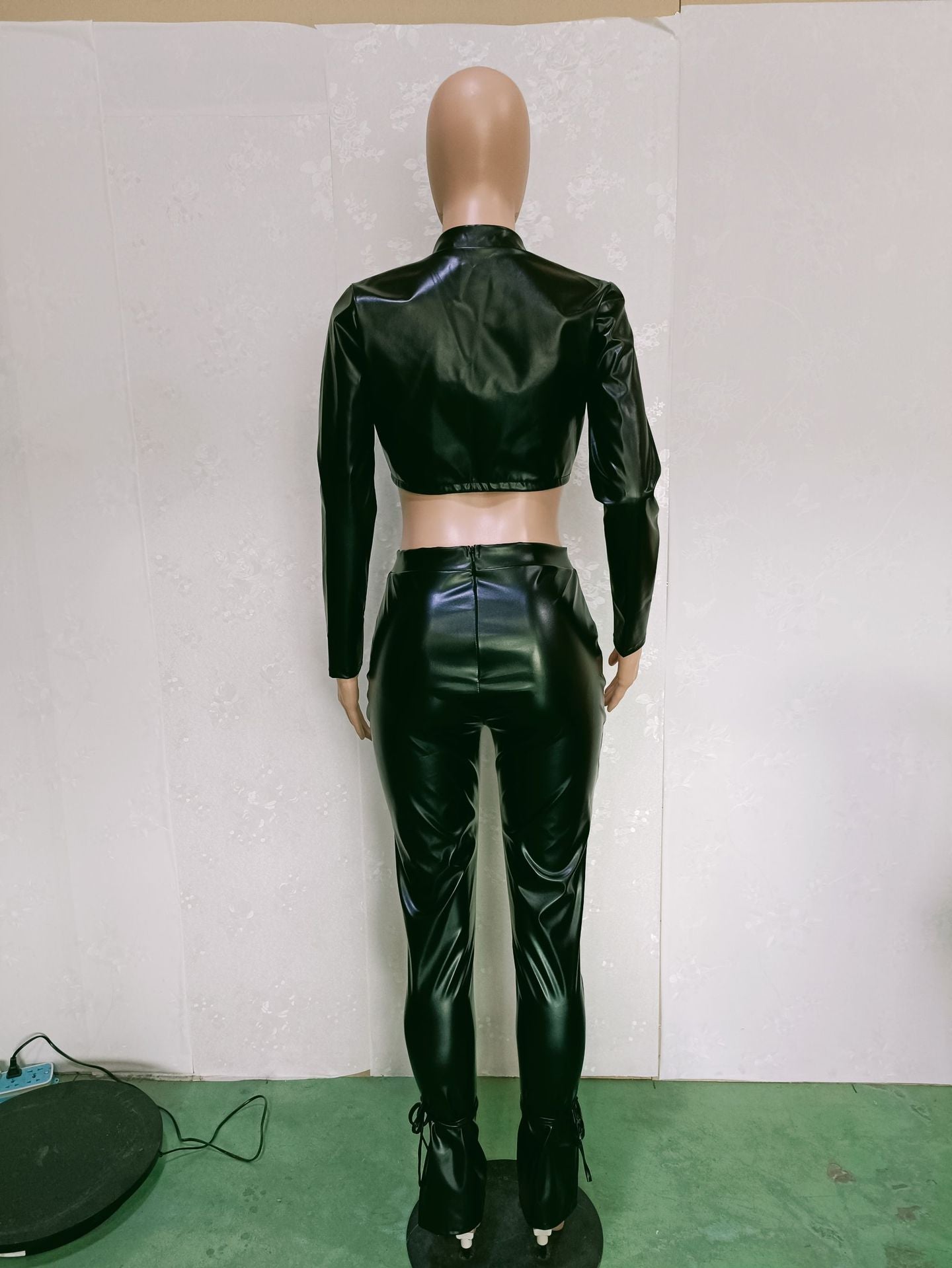 Women'S Fashion Stand Collar Lace-Up Top Lace-Up Leather Two Piece Pants Set 8