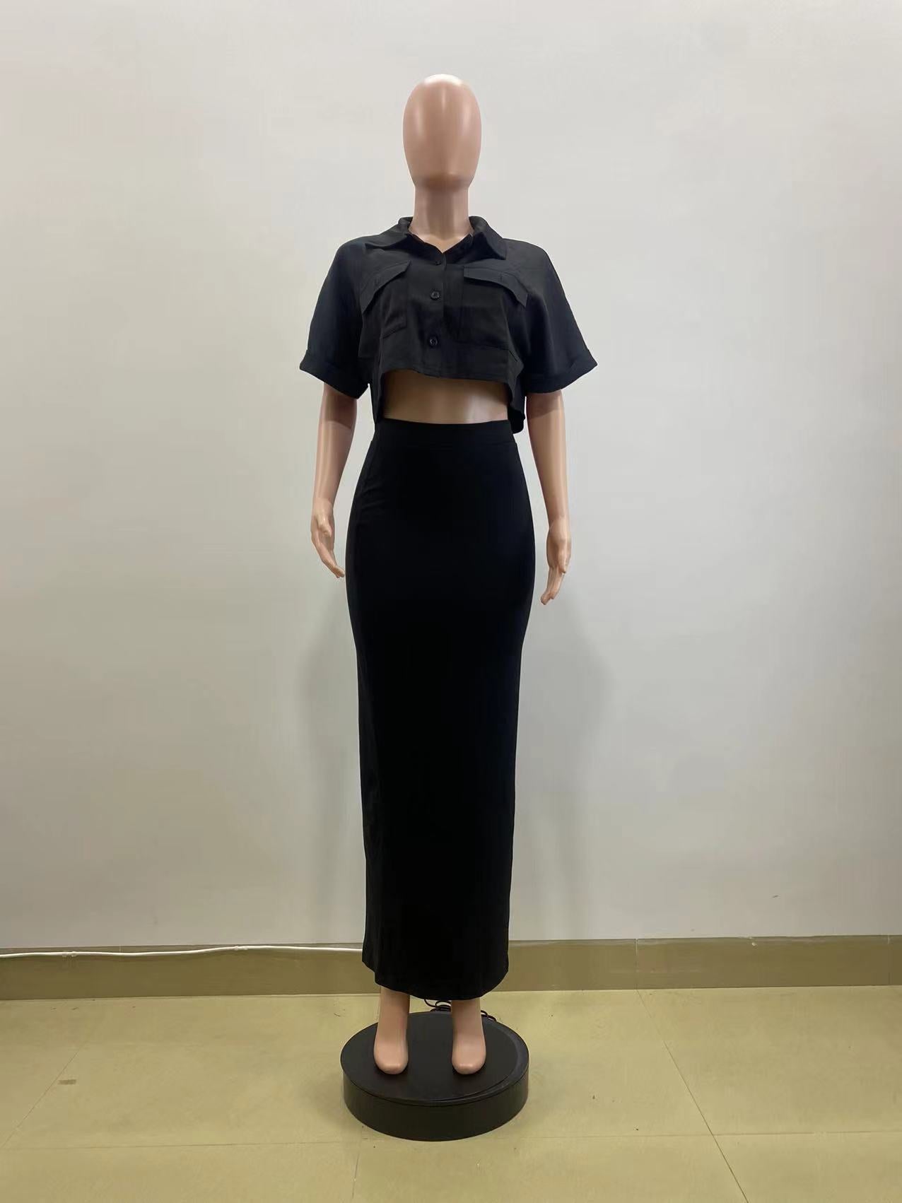 Spring Fashion Casual Black Short Sleeve Crop  Shirt Slim Fit Skirt Two Piece Set 9