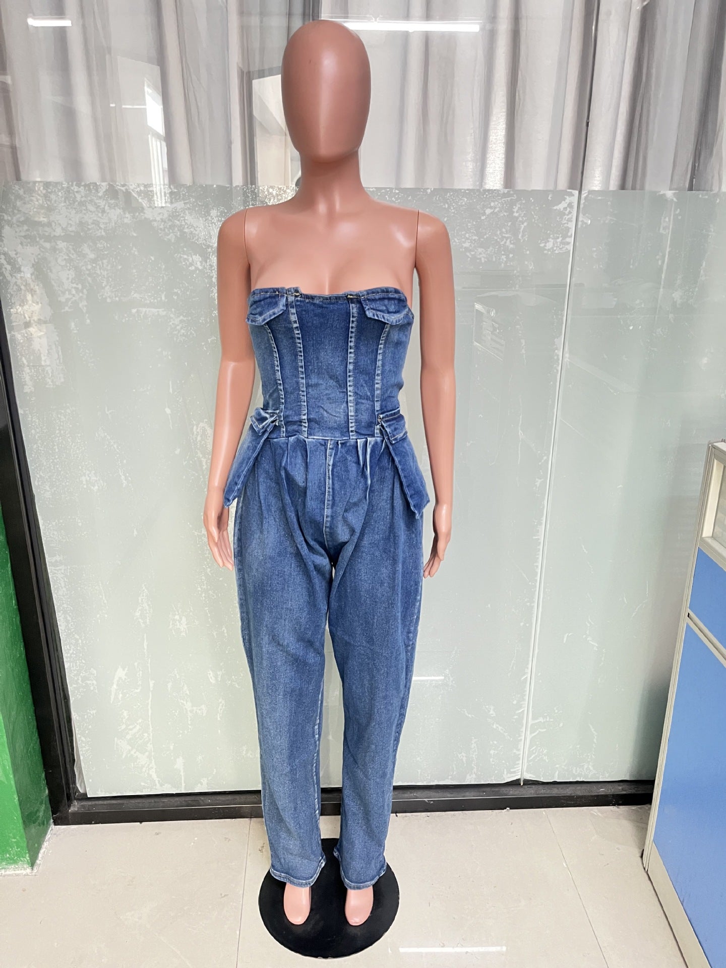 Women Strapless Stretch Denim Jumpsuit 6
