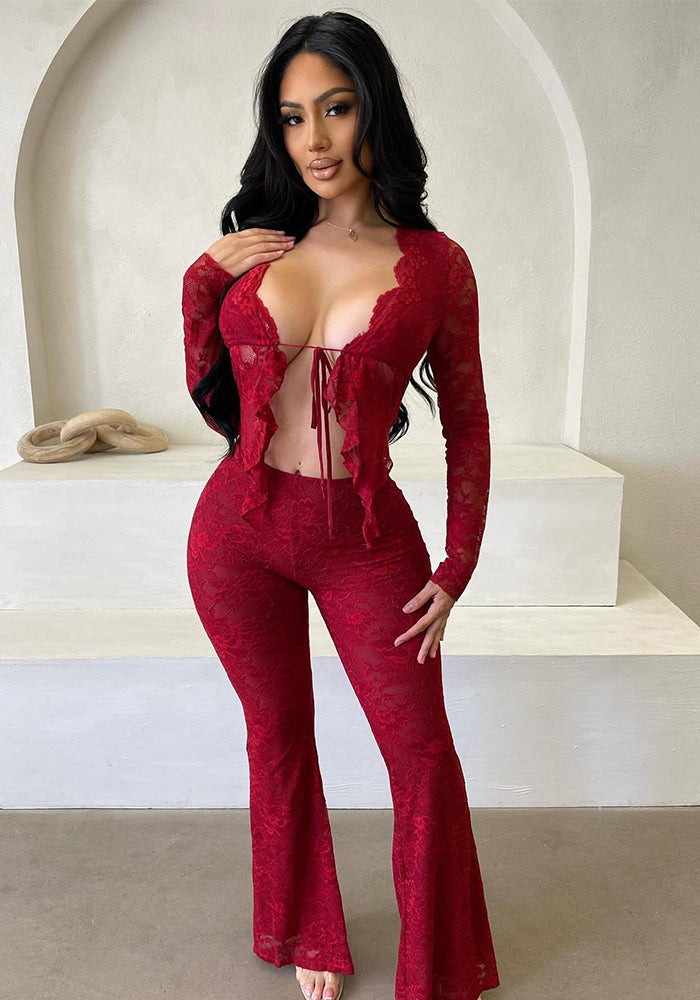 Women sexy with hollow long sleeves lace Top and Pants Two-piece Set