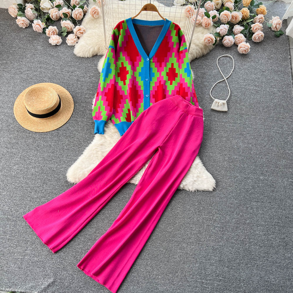 Women Casual Contrast color knitting V-neck jacquard cardigan sweater + wide-leg pants two-piece set 9