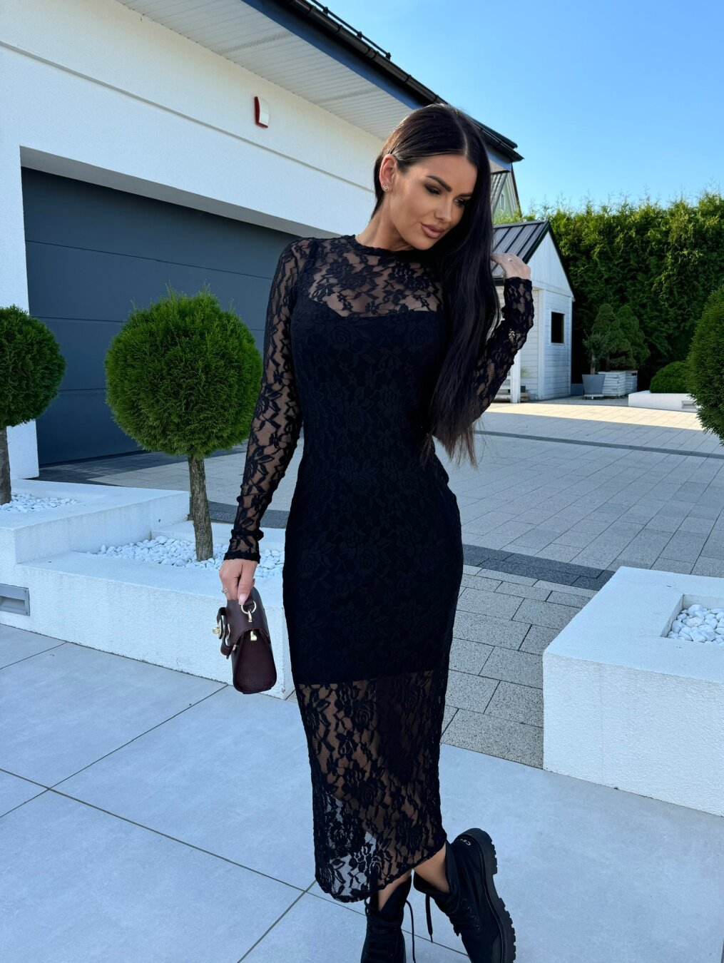 Women Round Neck hollow sexy See-Through Lace Bodycon dress 4