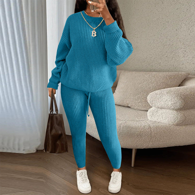 Fashion Casual Knitting Two Piece Pants Set Solid Long Sleeve Loose Sweater Trouser Suits Women's Clothing 27