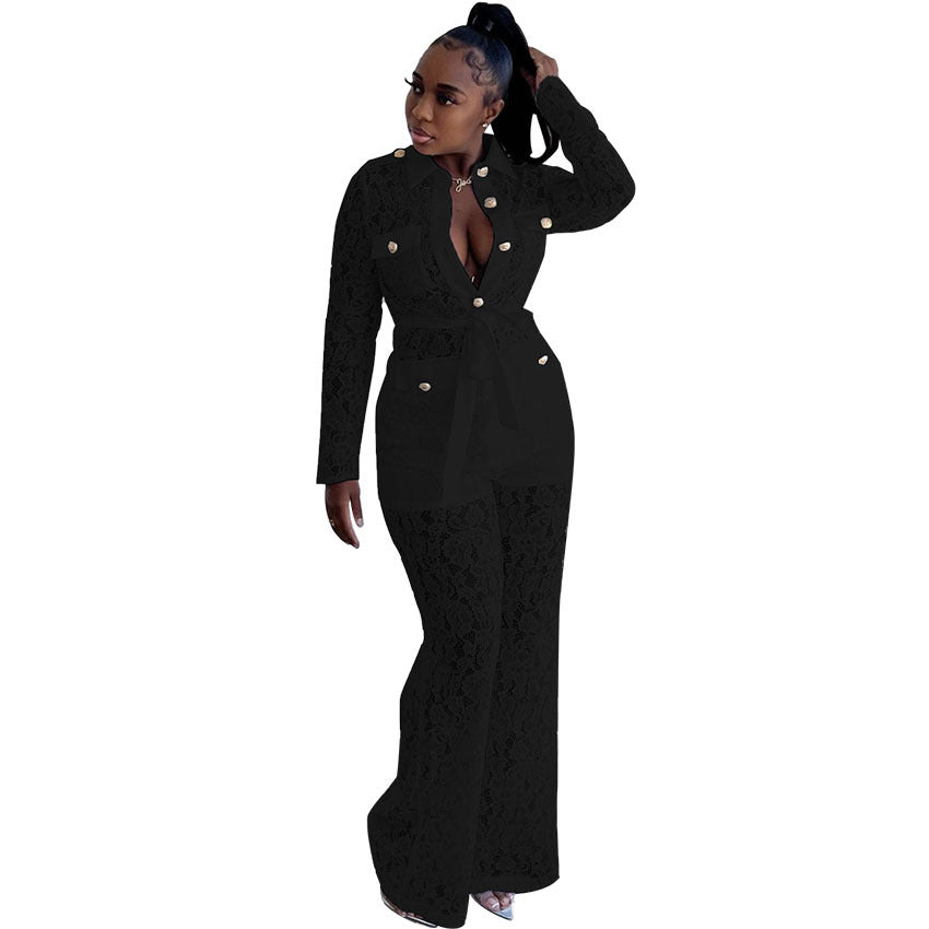 Women Fall Turndown Collar Long Sleeve Top and Pants Two-piece Set 7