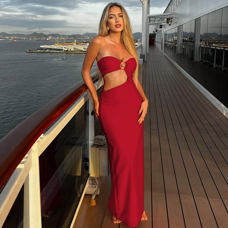 Women Summer Metal Decoration Patchwork Hollow Sexy Strapless Maxi Dress 6