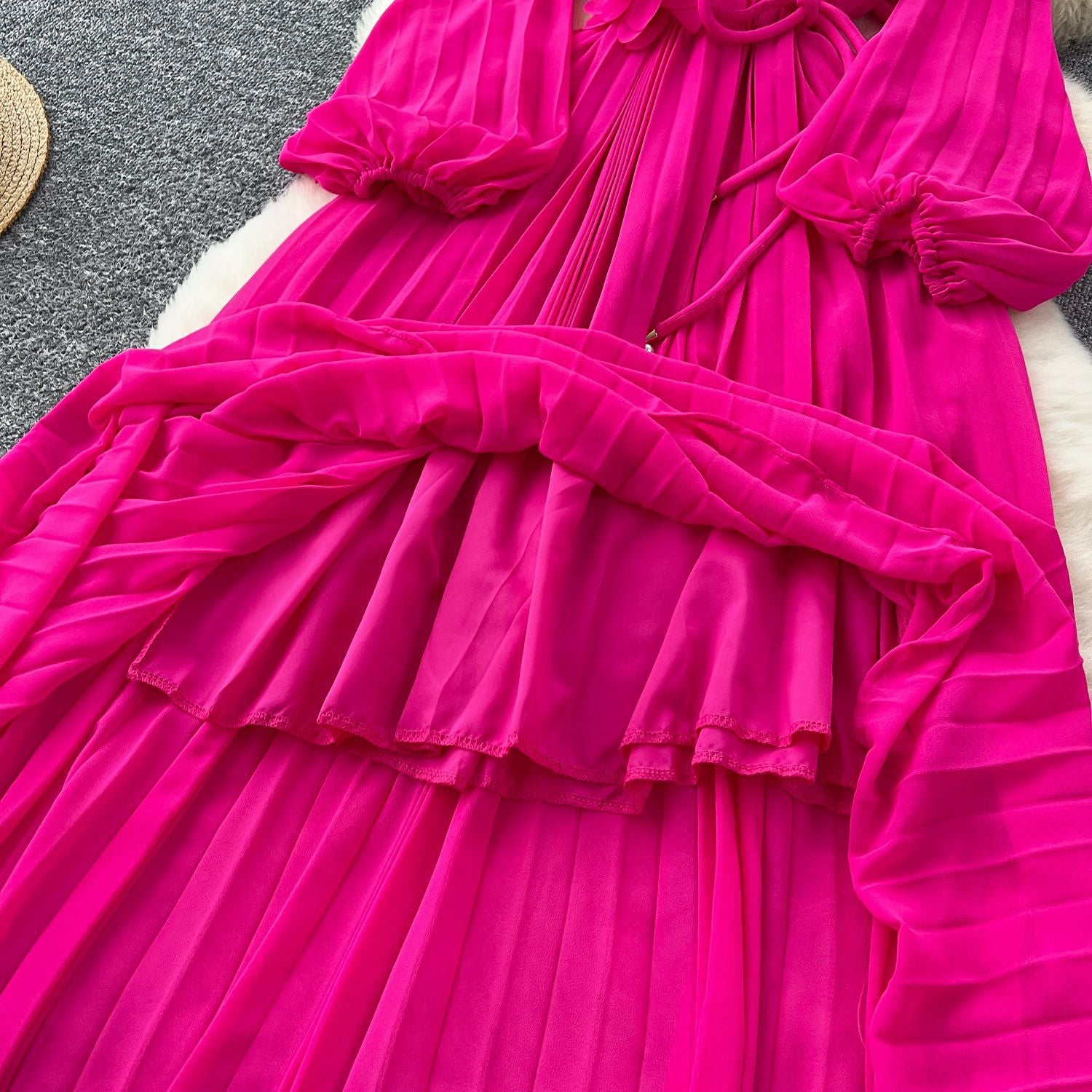 Elegant Women's Luxury Beaded Flower Belt Slim Waist Pleated Long Dress 19