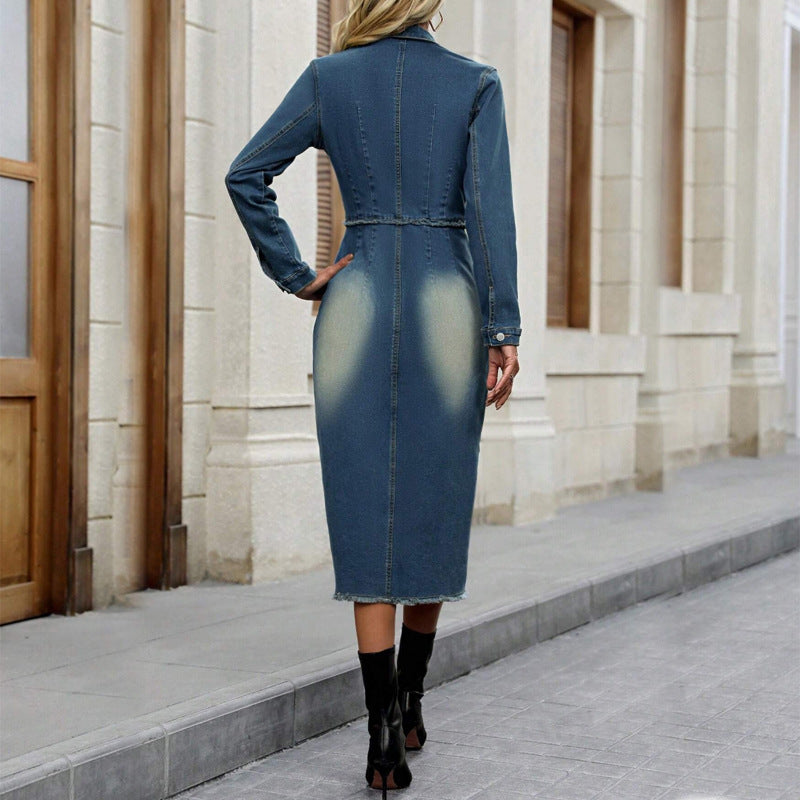 Women Sexy Long-Sleeved Turndown Collar Slit Tassel Maxi Dress 4