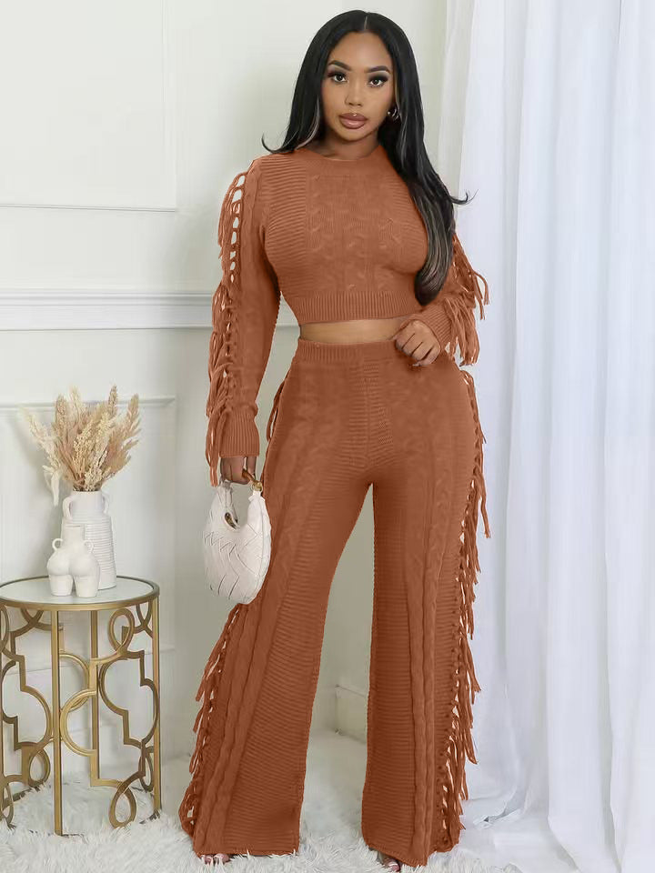 Women Casual Solid Knitting Long-Sleeved Tassel Top and Pant Two-Piece Set 4