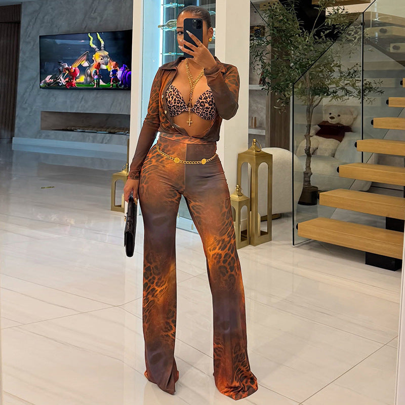 Women Autumn/Winter Leopard Print Mesh Turndown Collar Button Top and Bell Bottom Two-Piece Set 3