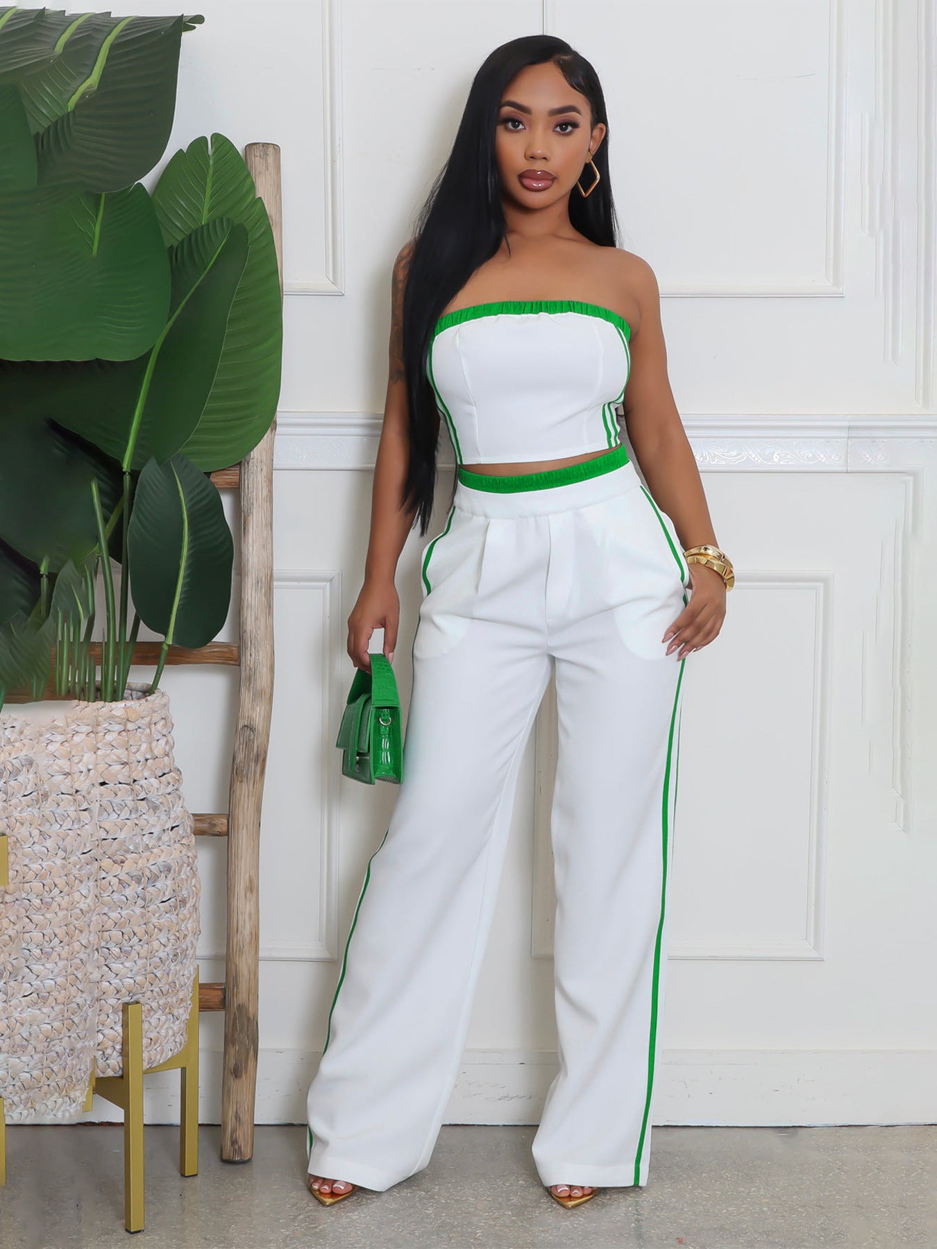 Summer Fashion Strapless Top Wide Leg Loose Pants Set 3