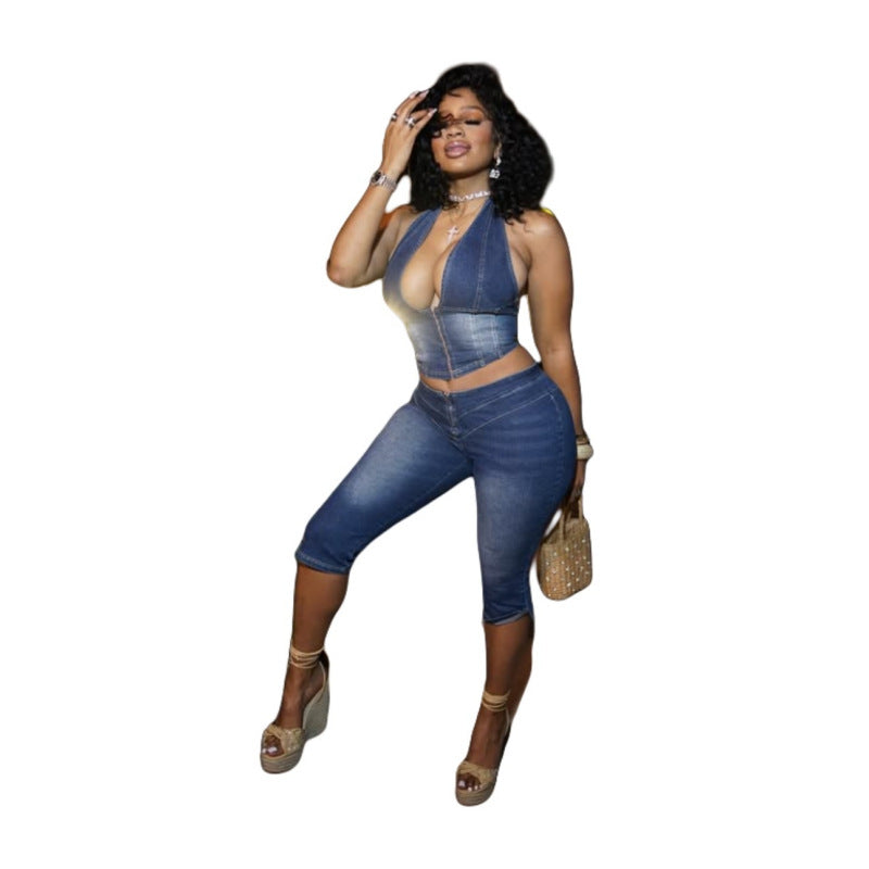 Women Strapless Halter Neck Lace-up Stretch Denim Top and Capri Two Piece Set