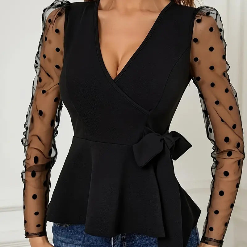 Women mesh patchwork V-neck long-sleeved lace shirt 5