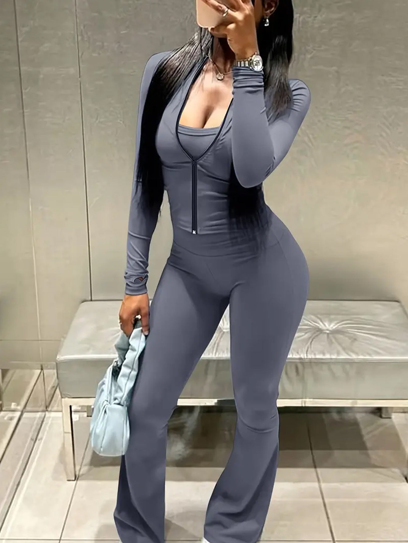 Women Casual Top and Bell Bottom Long Pants Two Piece Set 9