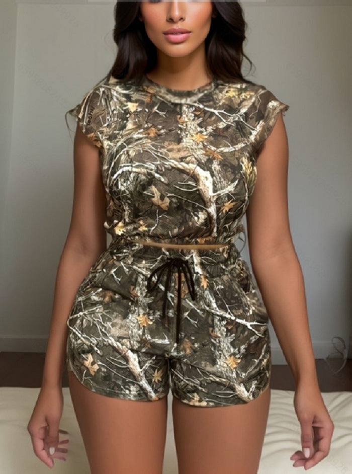 Women Drawstring Sports Leaf Print Casual Shorts 3