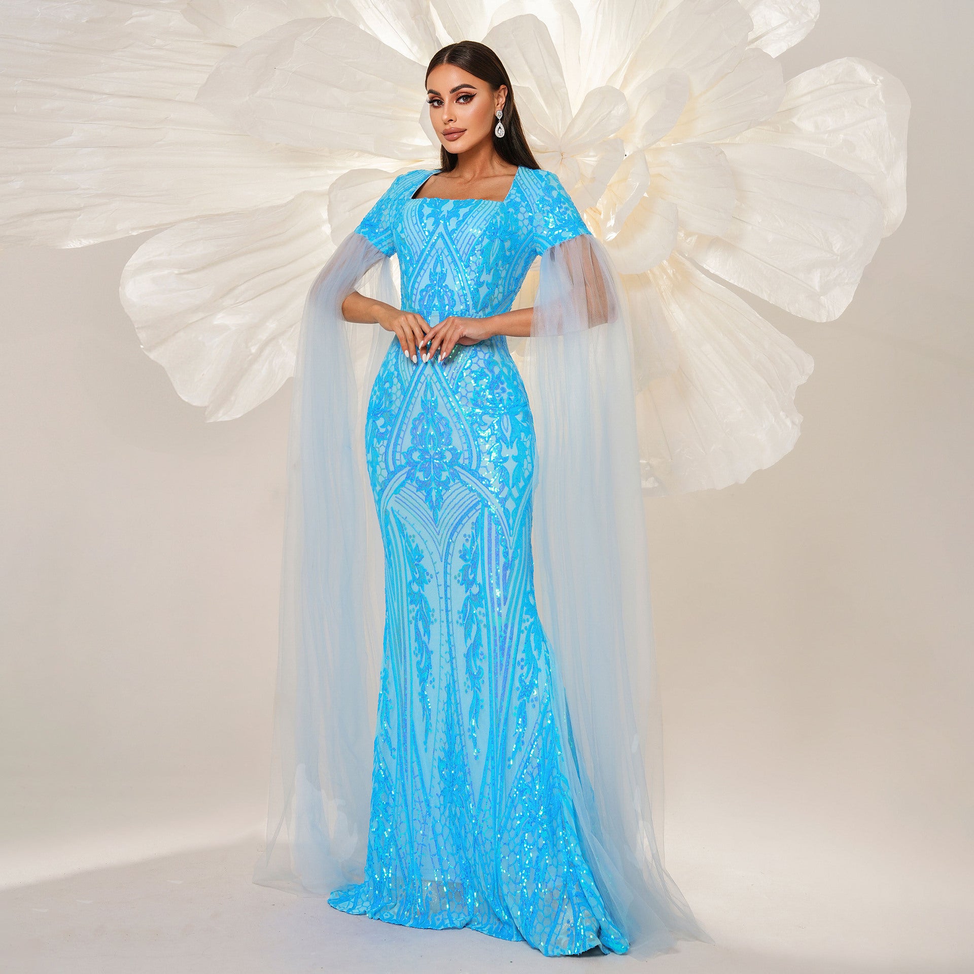 Women long sleeve square neck Formal Party Bodycon sequined fishtail evening dress 5