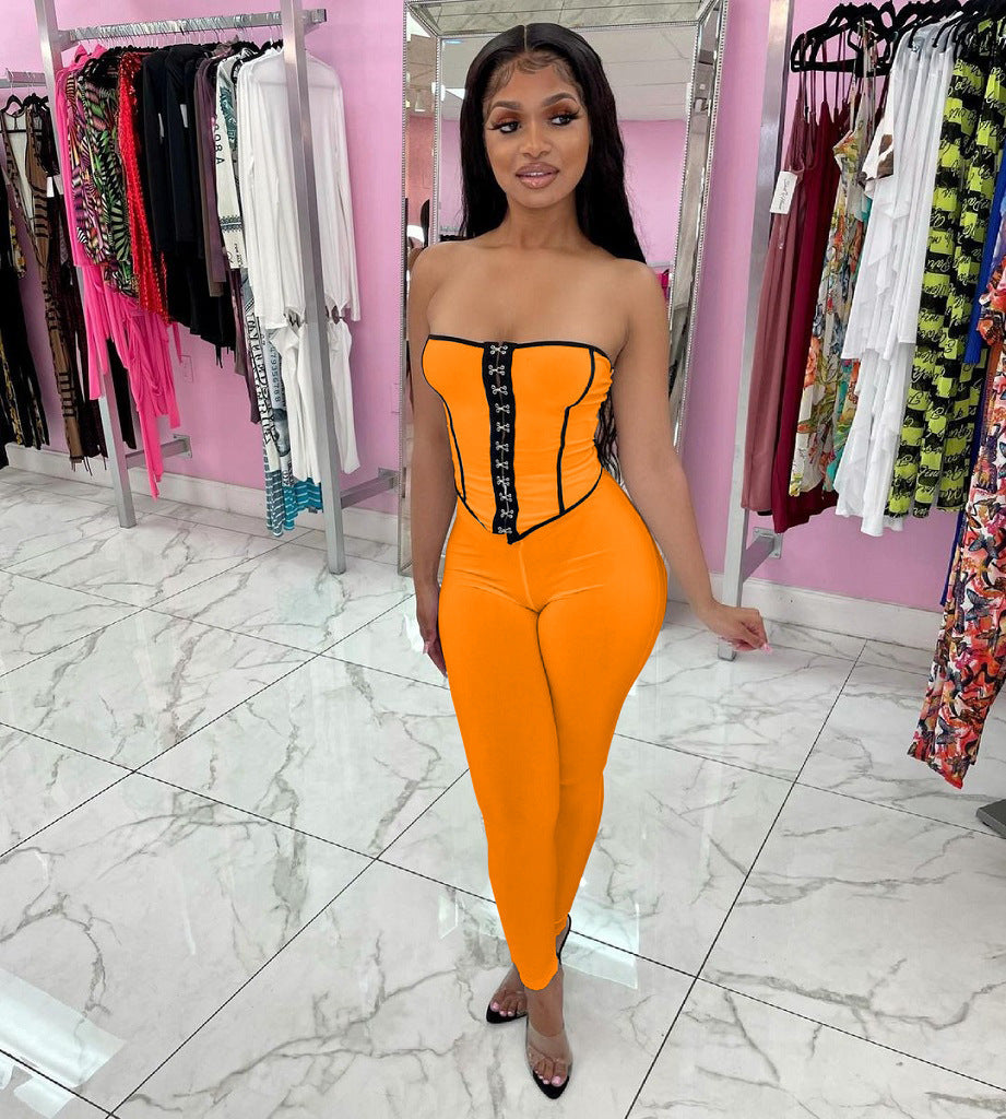 Women's Color Matching Low Back Vest Top and Pants Two-Piece Set 3