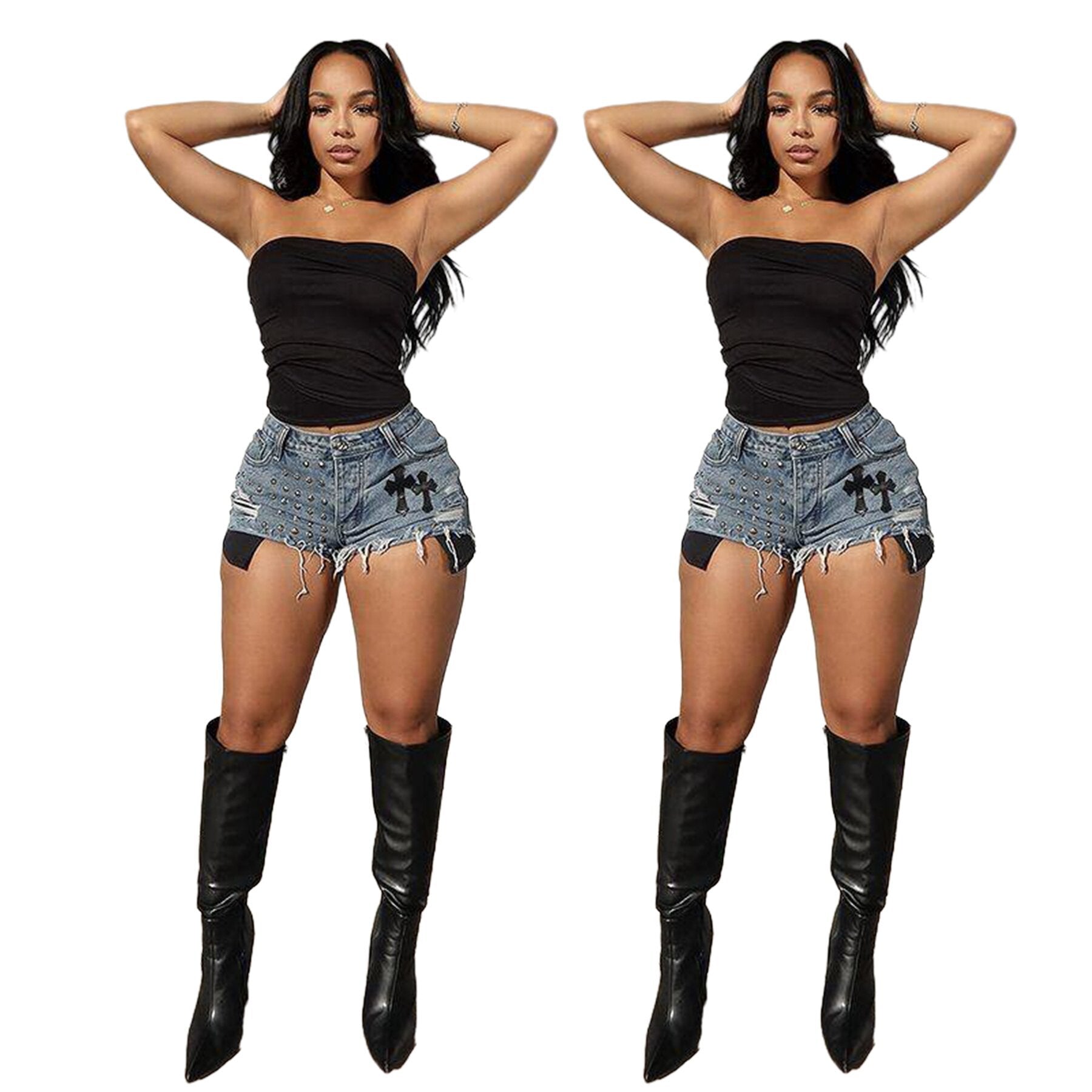 Women Stretch Beads Denim Shorts 5