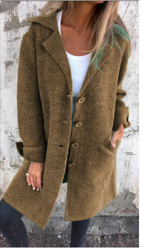 Women Solid Turndown Collar Pocket Maxi Jacket 19