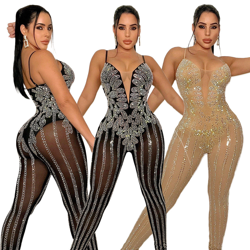 Fashion Sexy Mesh See-Through Beaded Sleeveless Sling Jumpsuit Women