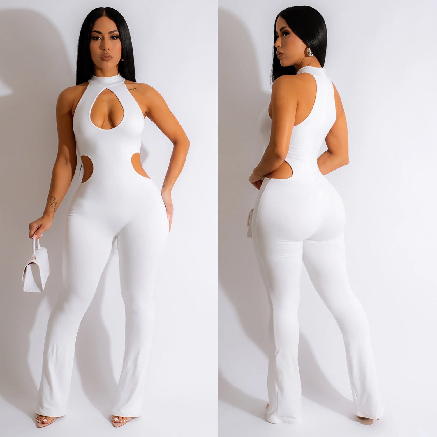 Women Solid Sexy Halter Neck Cutout Jumpsuit 6