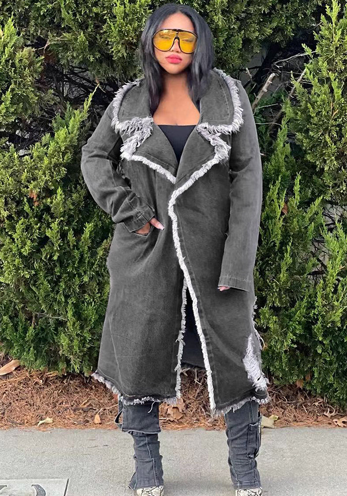 Women's Turndown Collar Ripped Denim Coat Jacket