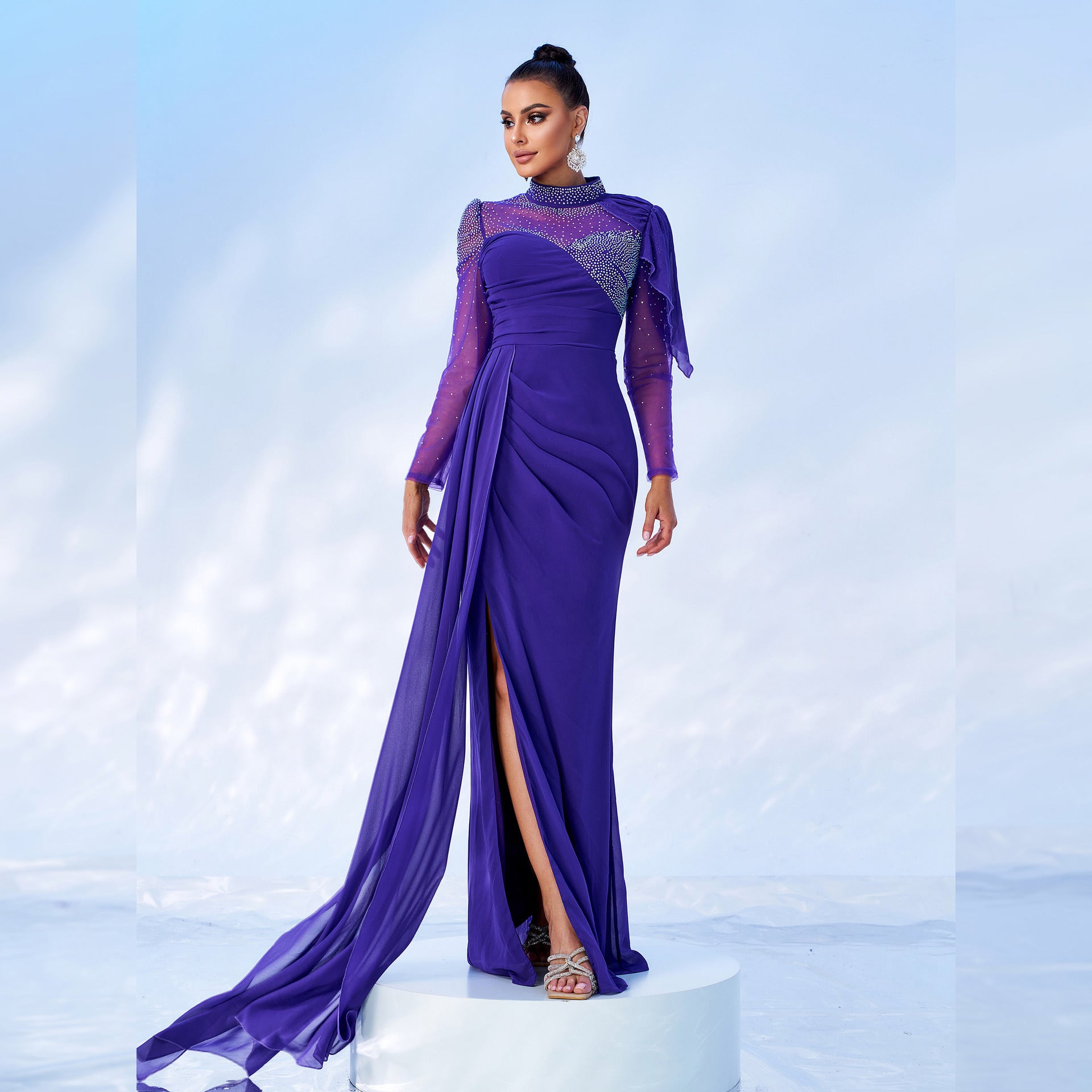 Long Sleeve Round Neck Sexy Long Beaded Mesh Formal Party Fishtail Evening Gown Bridesmaid Dresses