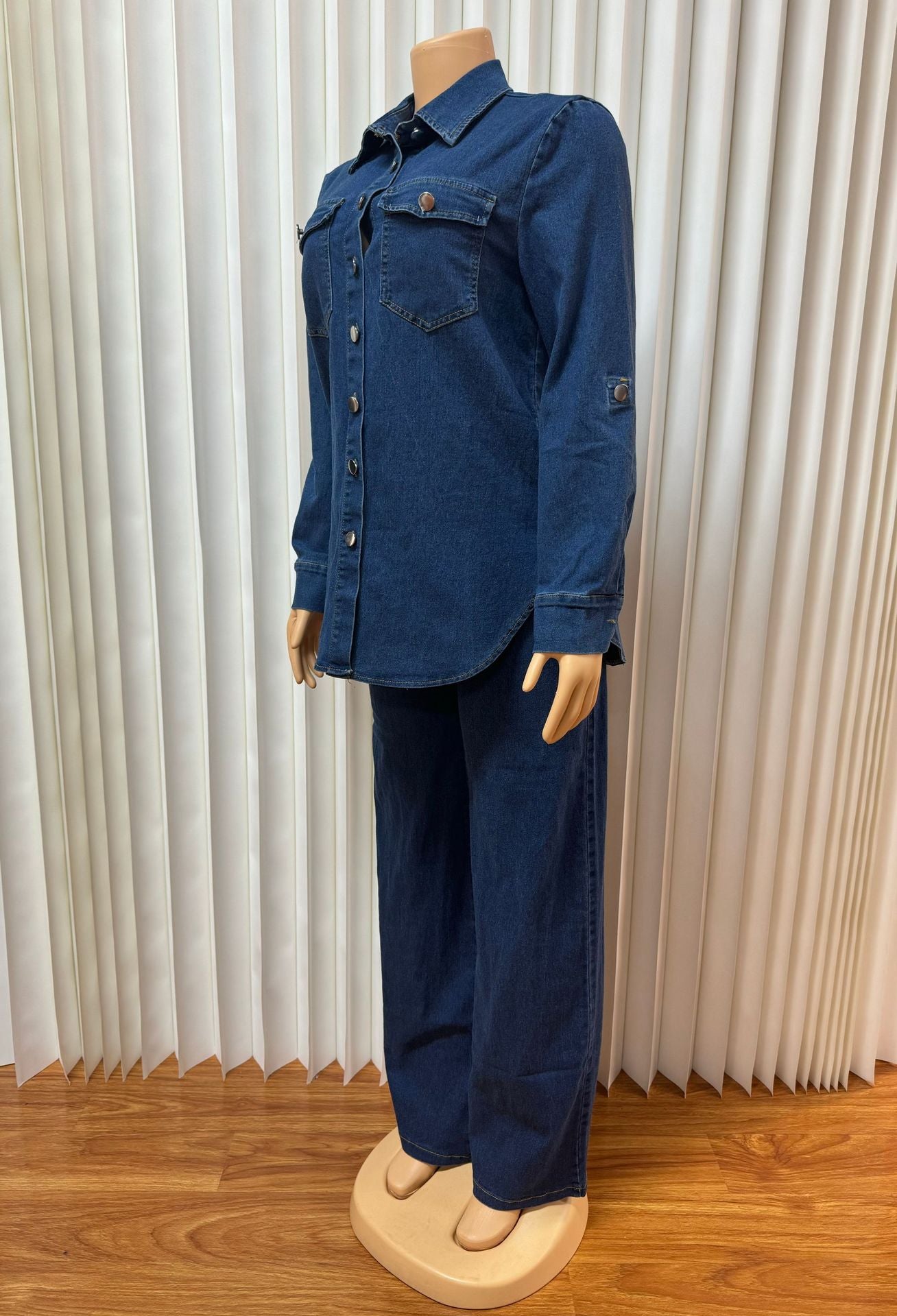 Women Turndown Collar Pocket Long-Sleeved Top and Two-Piece Pants Set 6