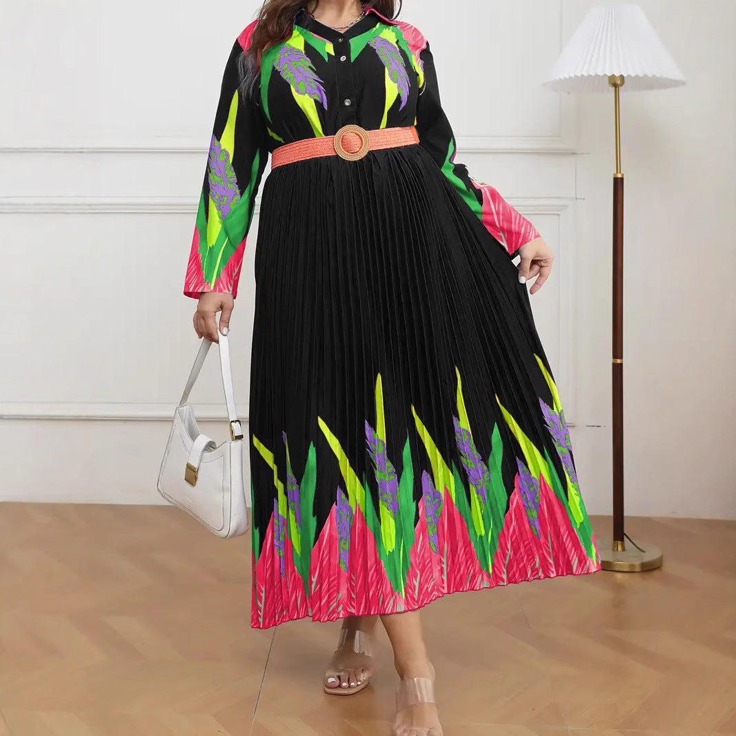 Plus Size Women Printed Pleated Long Sleeve Elegant Dress with Belt 3