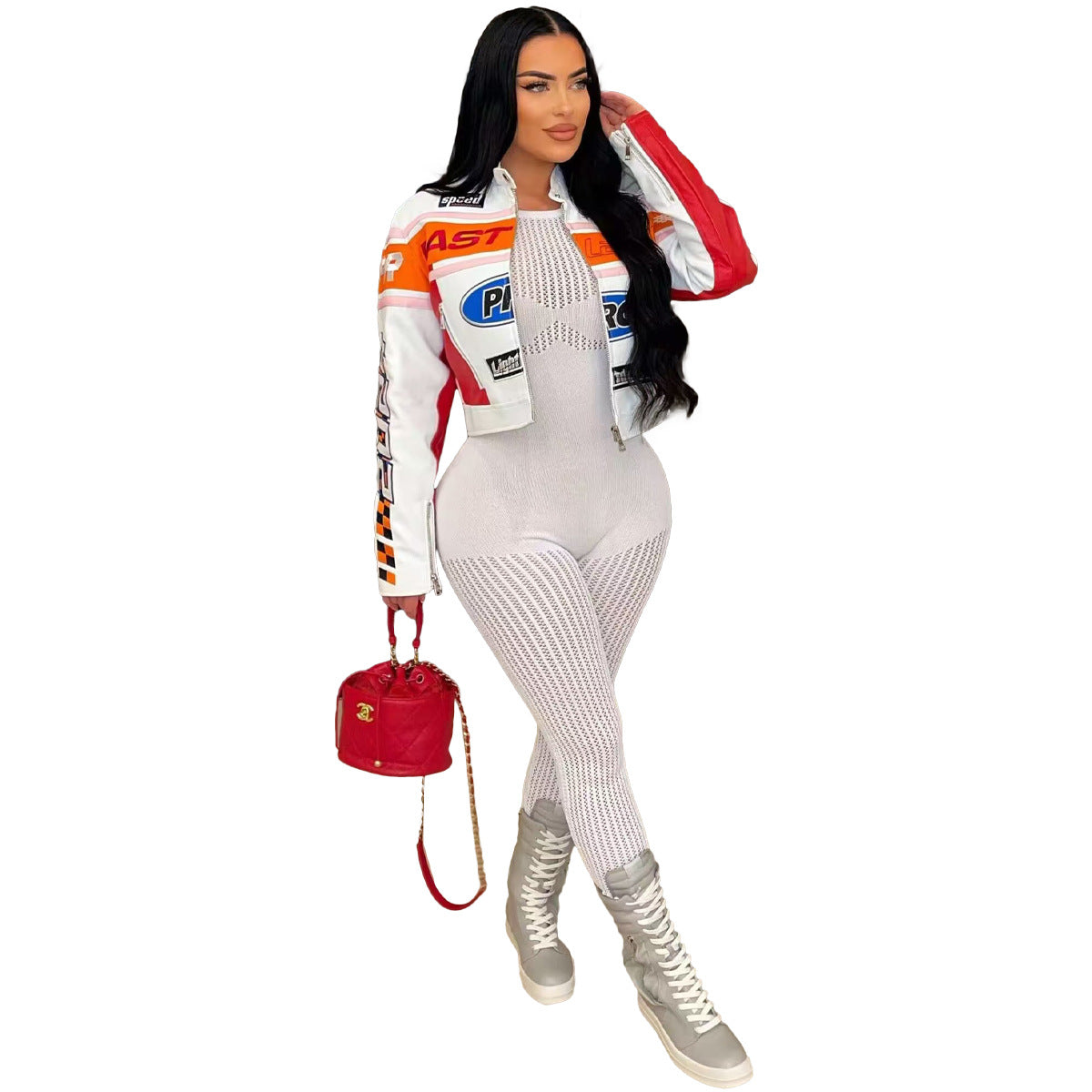 Autumn And Winter High Street Print Stand Collar Short Zipper Jacket 8